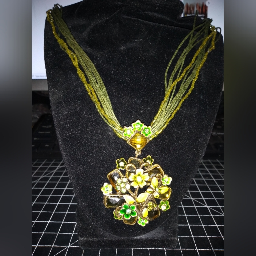 Green Multi Strand Necklace with Enamel & Glass Flowery Pendant, Green &… - Picture 8 of 10